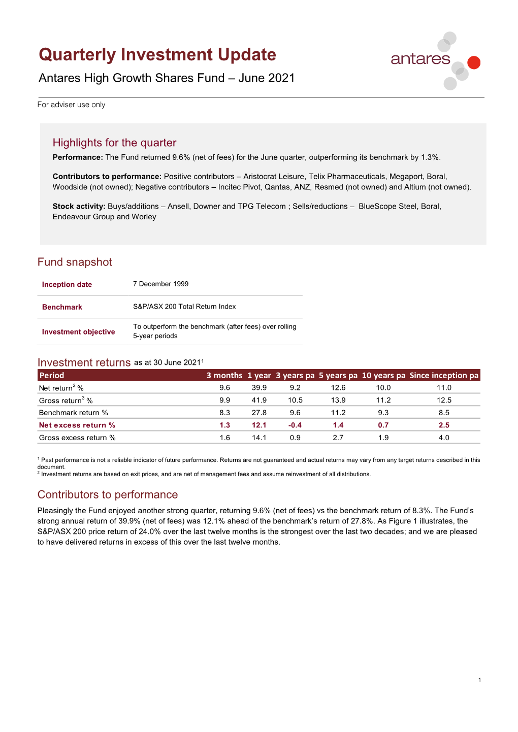 Quarterly Investment Update Antares High Growth Shares Fund – June 2021