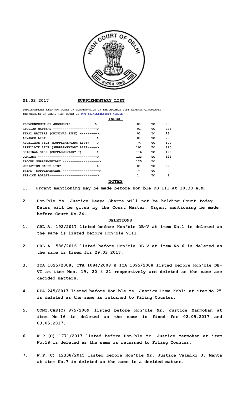 01.03.2017 SUPPLEMENTARY LIST 1. Urgent Mentioning May Be Made Before Hon'ble DB-III at 10.30 A.M. 2. Hon'ble Ms. Justice