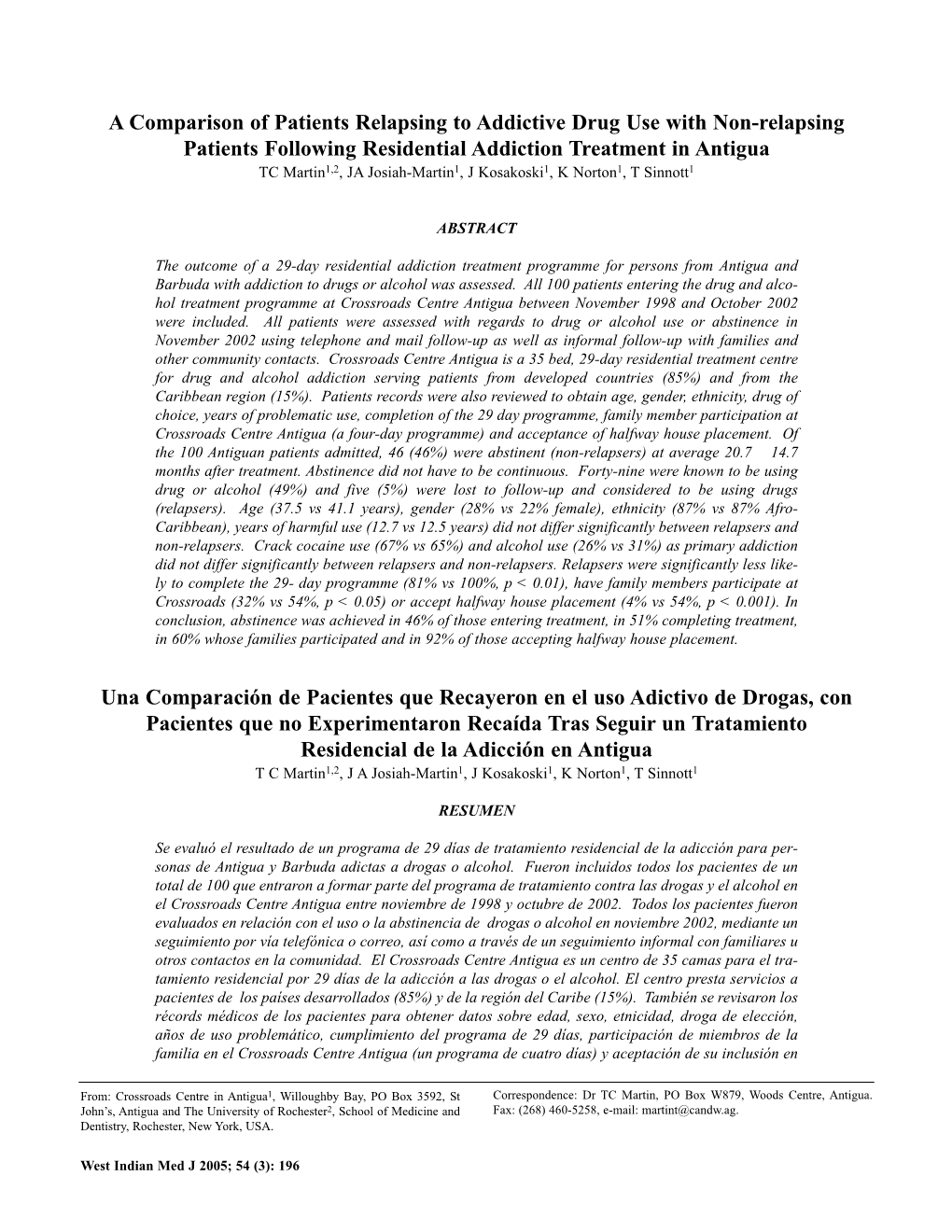 A Comparison of Patients Relapsing to Addictive Drug Use with Non