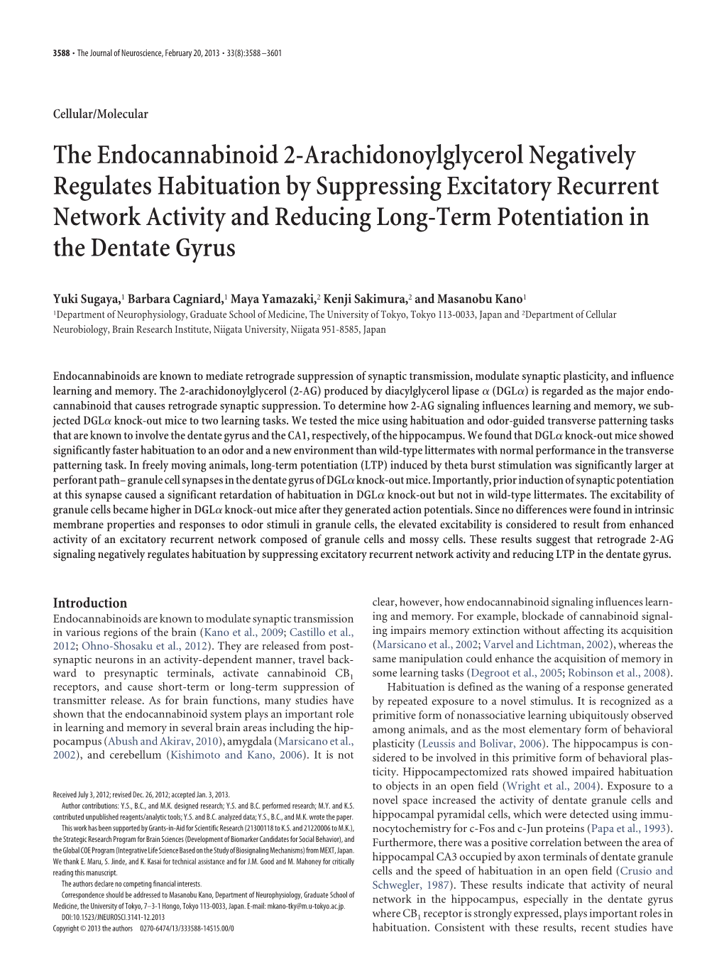 The Endocannabinoid 2-Arachidonoylglycerol Negatively Regulates Habituation by Suppressing Excitatory Recurrent Network Activity