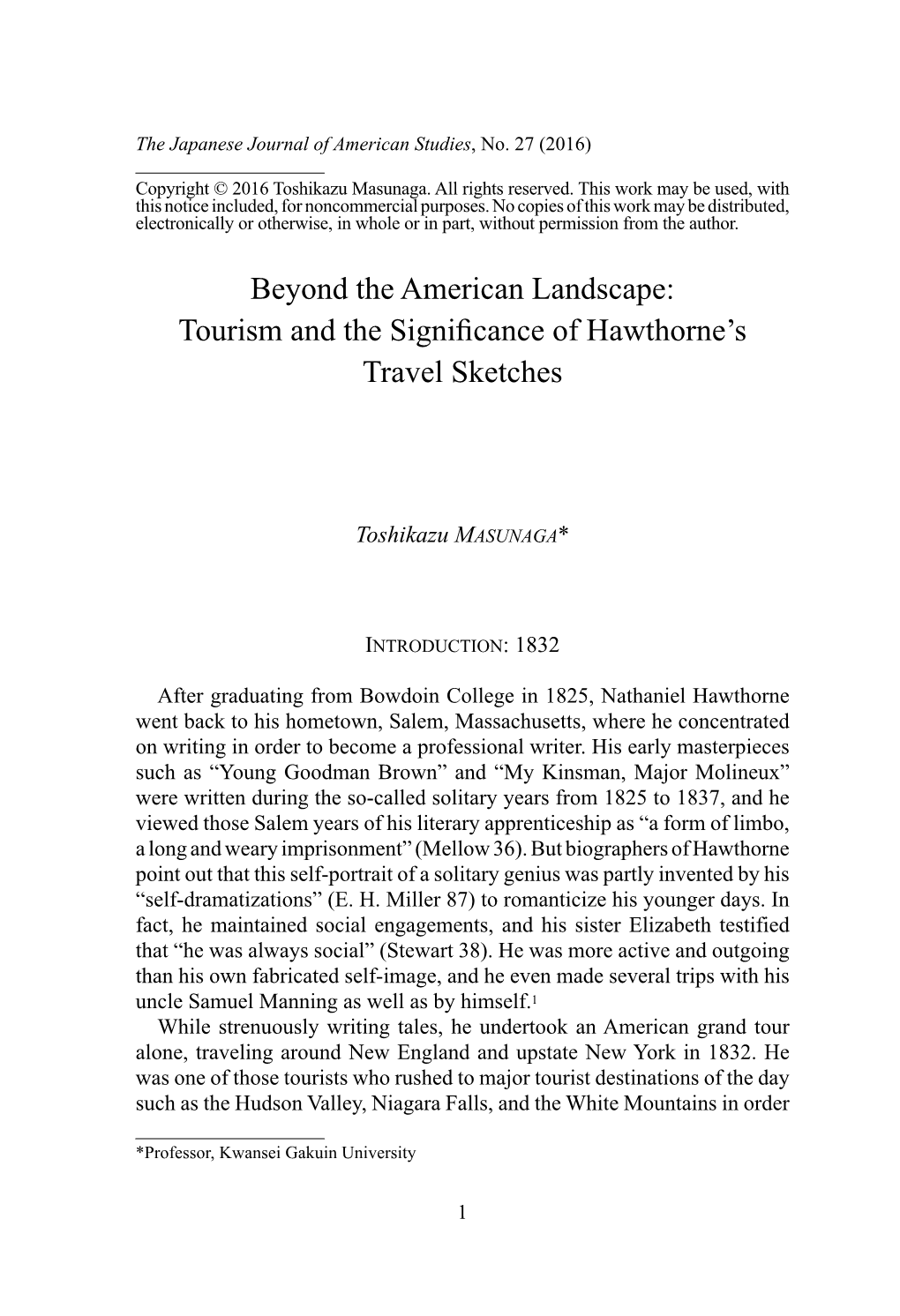 Beyond the American Landscape: Tourism and the Significance of Hawthorne’S Travel Sketches