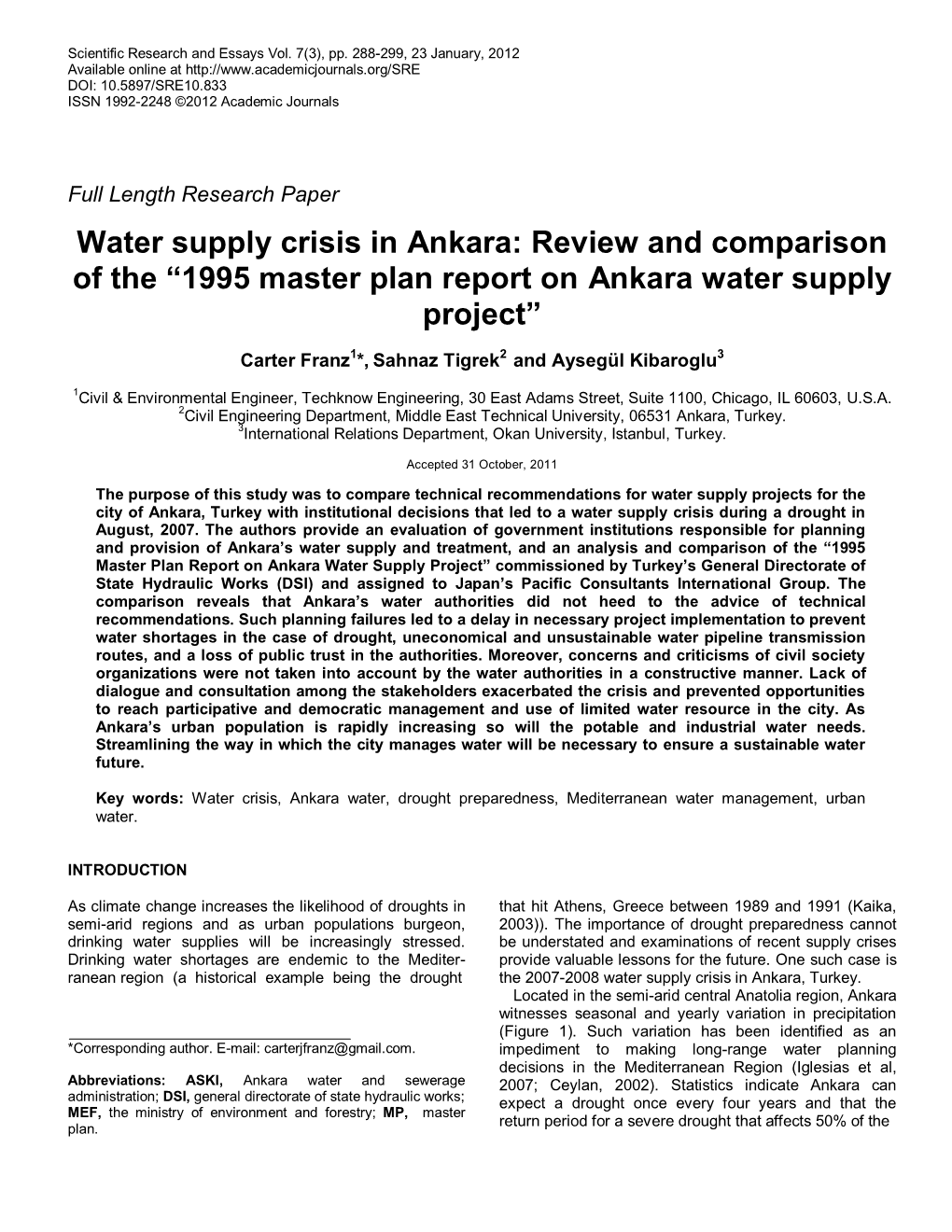 Water Supply Crisis in Ankara: Review and Comparison of the “1995 Master Plan Report on Ankara Water Supply Project”