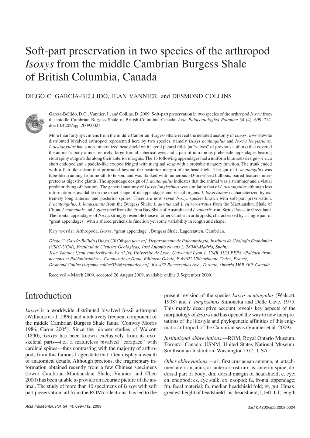 Soft−Part Preservation in Two Species of the Arthropod Isoxys from the Middle Cambrian Burgess Shale of British Columbia, Canada