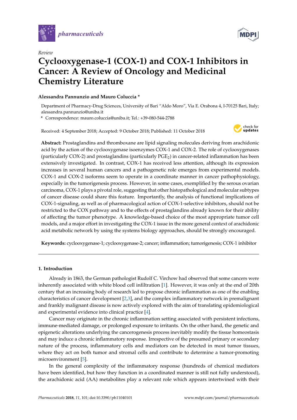 Cyclooxygenase-1 (COX-1) and COX-1 Inhibitors in Cancer: a Review of Oncology and Medicinal Chemistry Literature