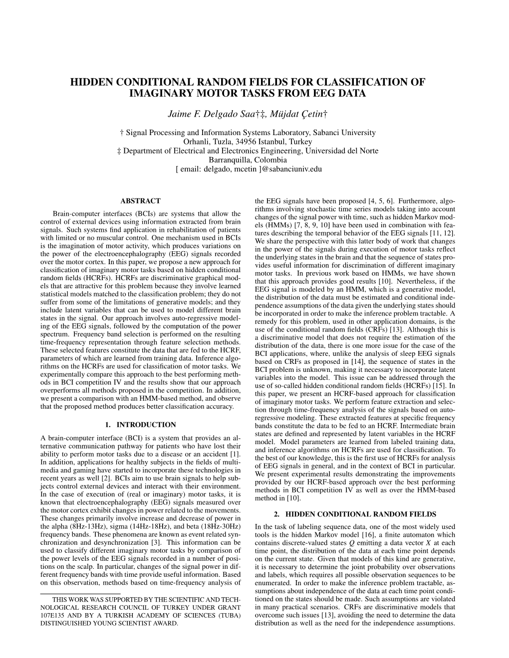 Hidden Conditional Random Fields for Classification of Imaginary Motor Tasks from Eeg Data