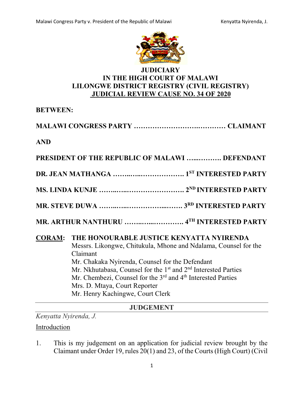 (Civil Registry) Judicial Review Cause No. 34 of 2020 Between