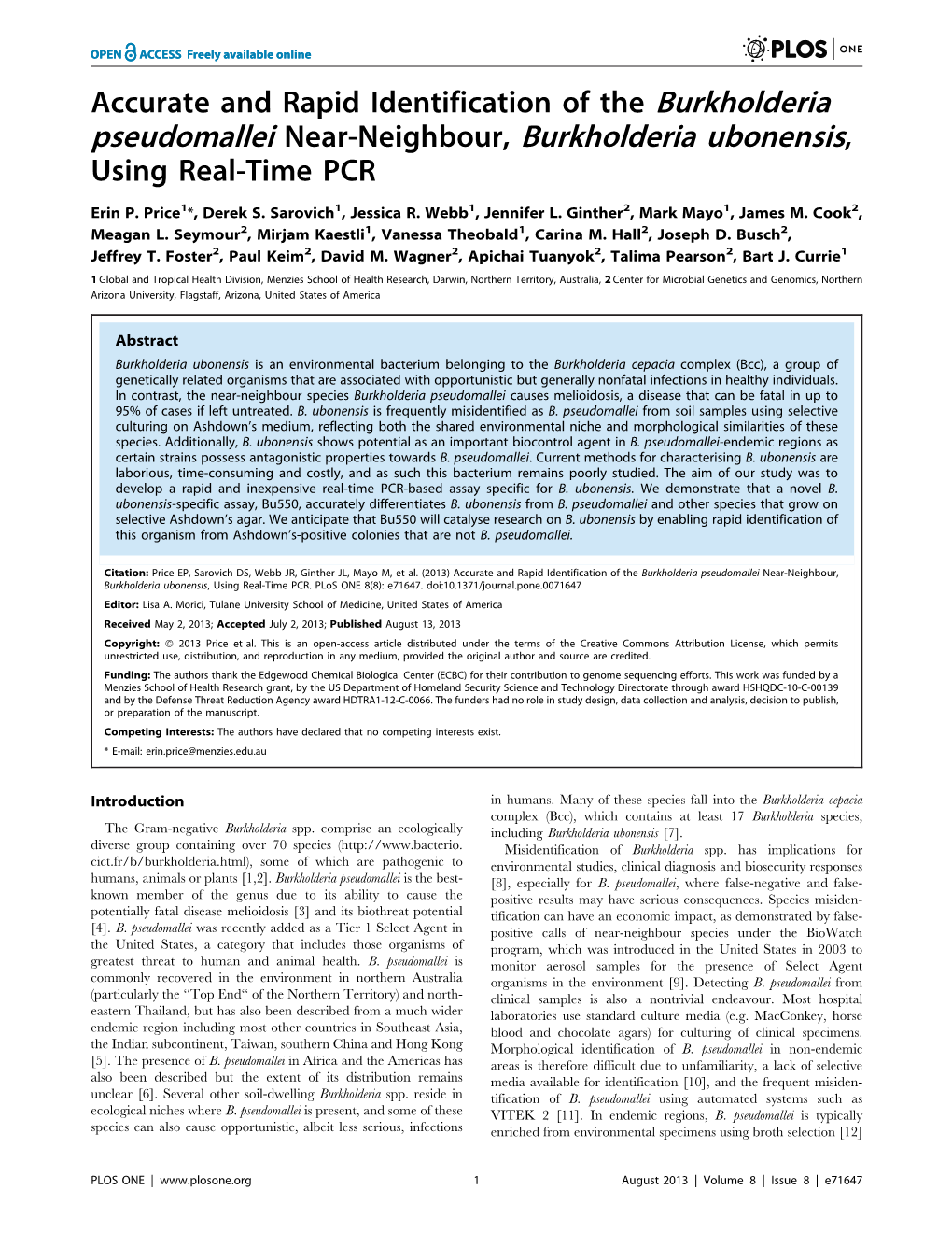 Accurate and Rapid Identification of the Burkholderia Pseudomallei Near-Neighbour, Burkholderia Ubonensis, Using Real-Time PCR