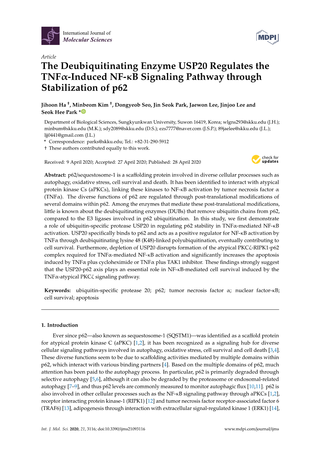 The Deubiquitinating Enzyme USP20 Regulates the Tnfα-Induced NF-Κb Signaling Pathway Through Stabilization of P62