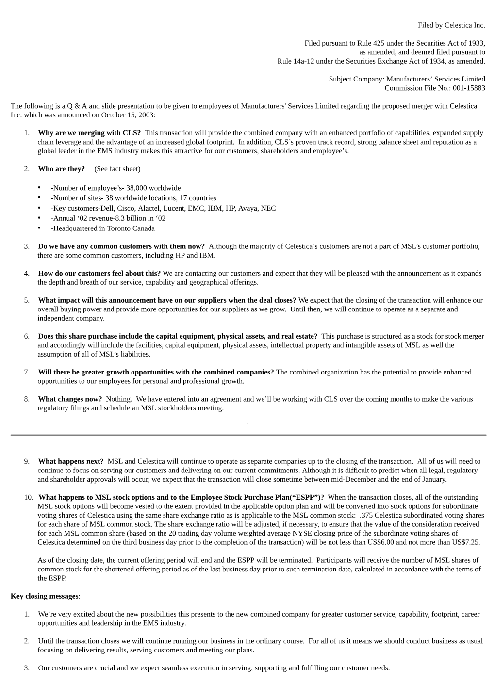 Filed by Celestica Inc. Filed Pursuant to Rule 425 Under the Securities Act