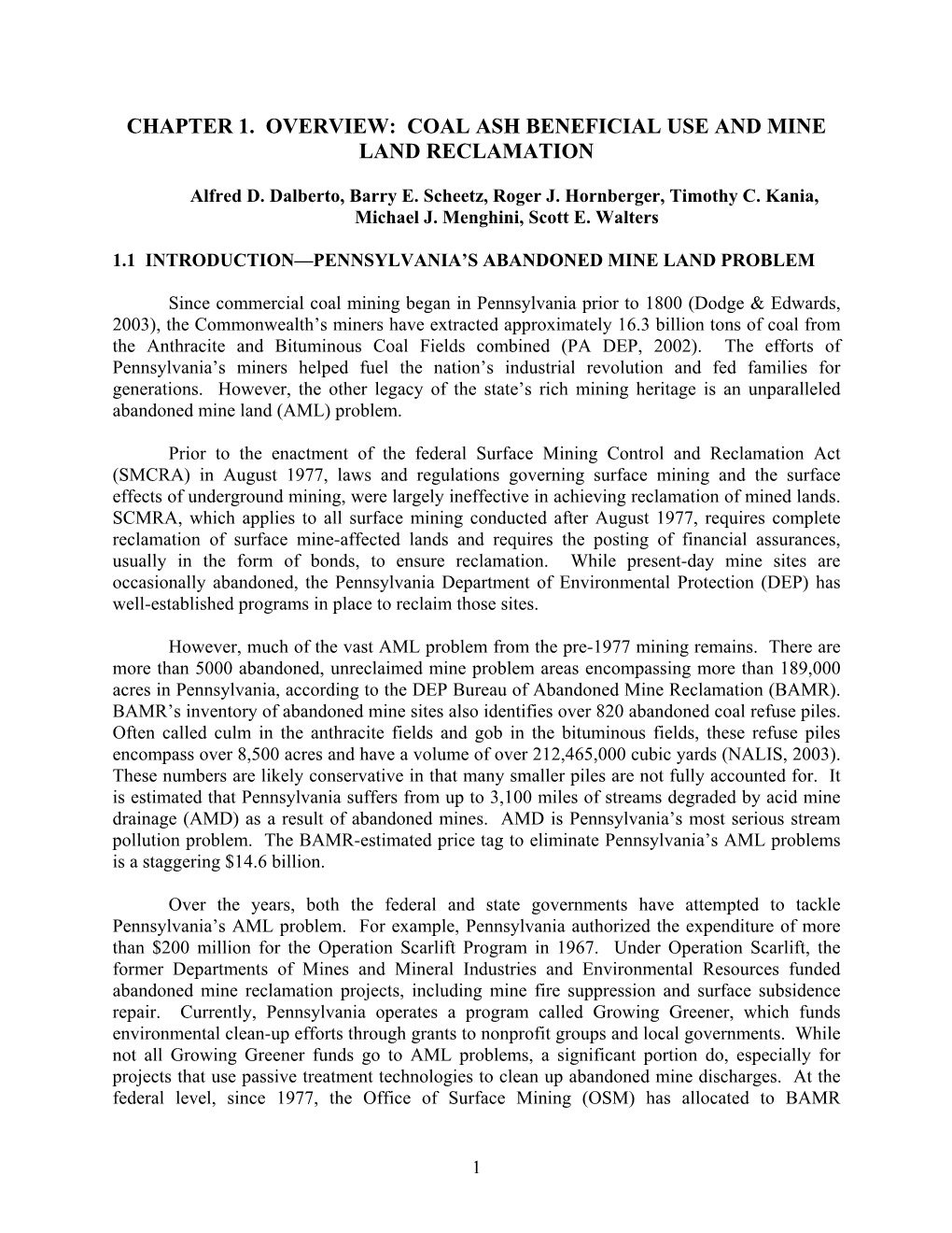 Chapter 1. Overview: Coal Ash Beneficial Use and Mine Land Reclamation