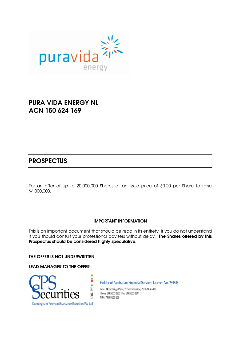 Pura Vida Energy Nl Acn 150 624 169 Prospectus