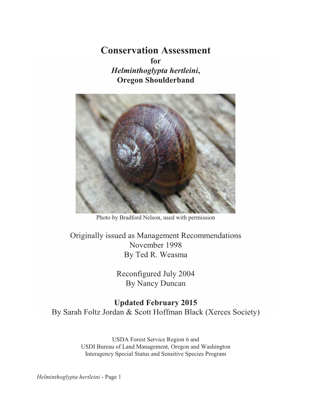 Conservation Assessment for Helminthoglypta Hertleini, Oregon Shoulderband