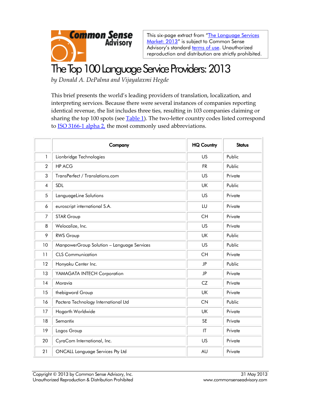 The Top 100 Language Service Providers: 2013 by Donald A
