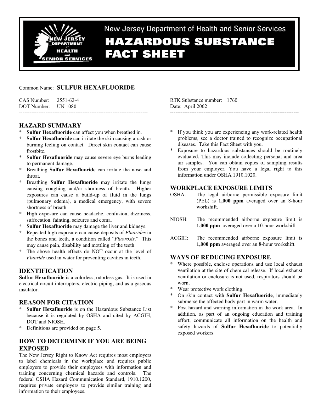 Sulfur Hexafluoride Hazard Summary Identification