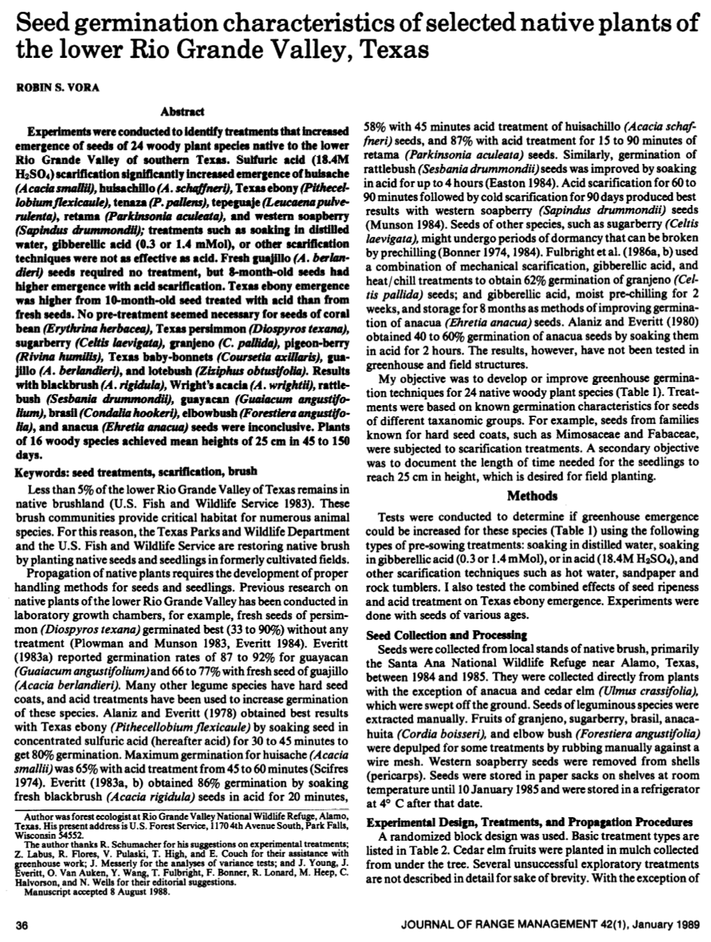 Seed Germination Characteristics of Selected Native Plants of the Lower Rio Grande Valley, Texas