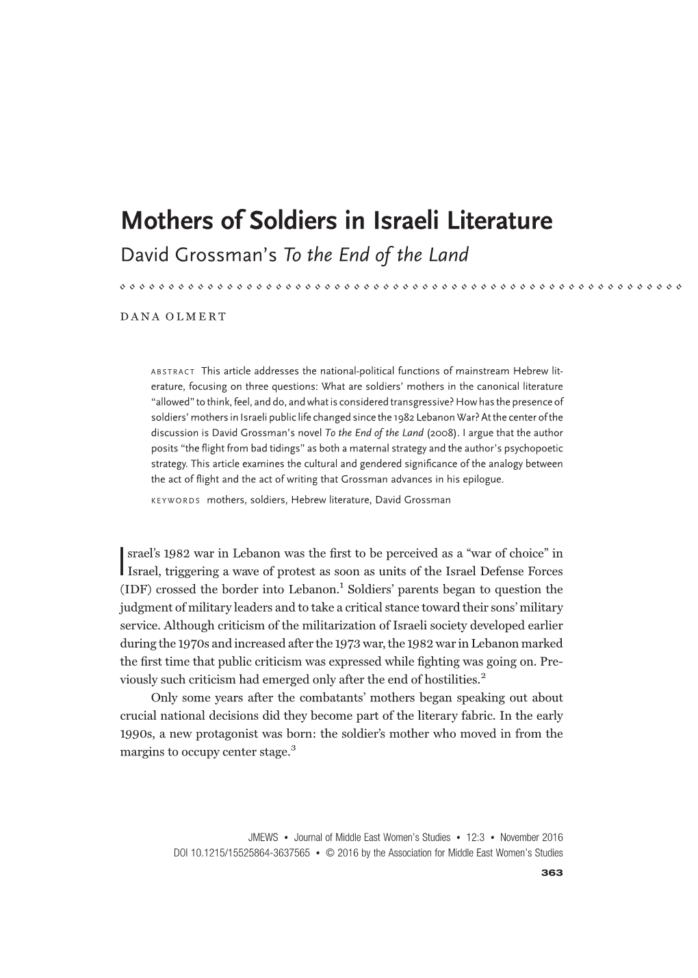 Mothers of Soldiers in Israeli Literature David Grossman’S to the End of the Land