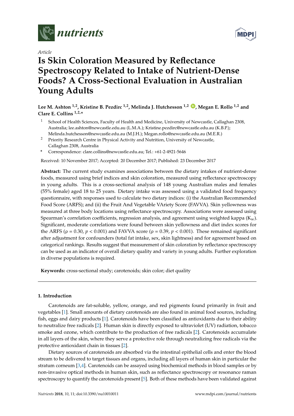 Is Skin Coloration Measured by Reflectance Spectroscopy Related to Intake of Nutrient-Dense Foods?