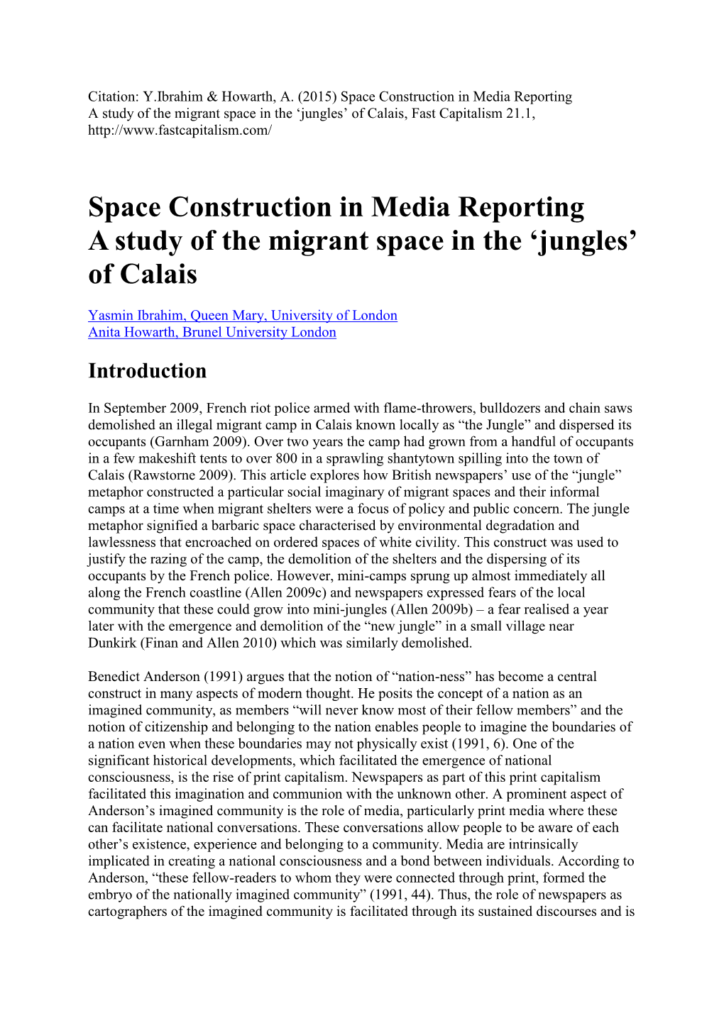 Space Construction in Media Reporting a Study of the Migrant Space in the „Jungles‟ of Calais, Fast Capitalism 21.1