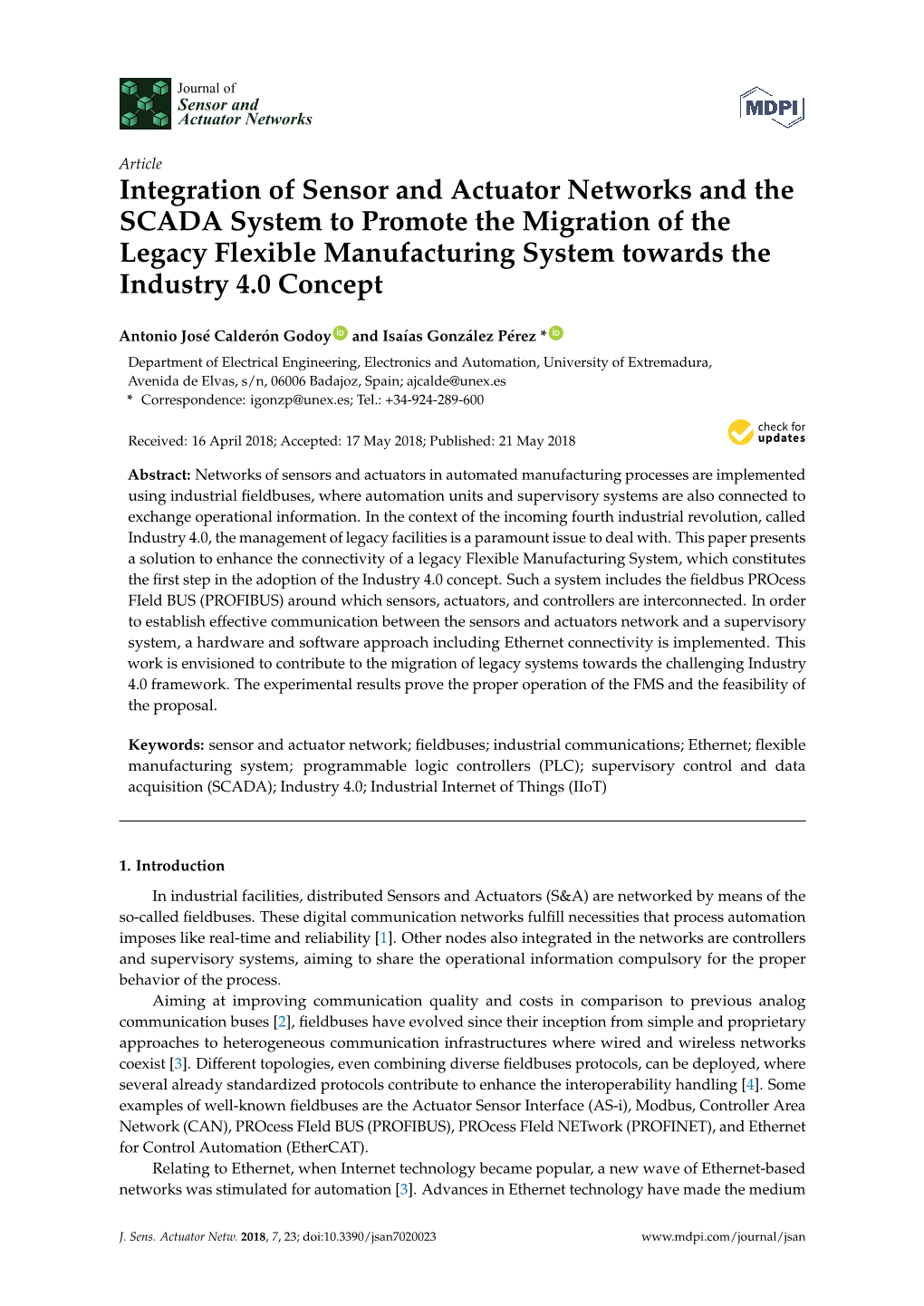 Integration of Sensor and Actuator Networks and the SCADA System to Promote the Migration of the Legacy Flexible Manufacturing System Towards the Industry 4.0 Concept