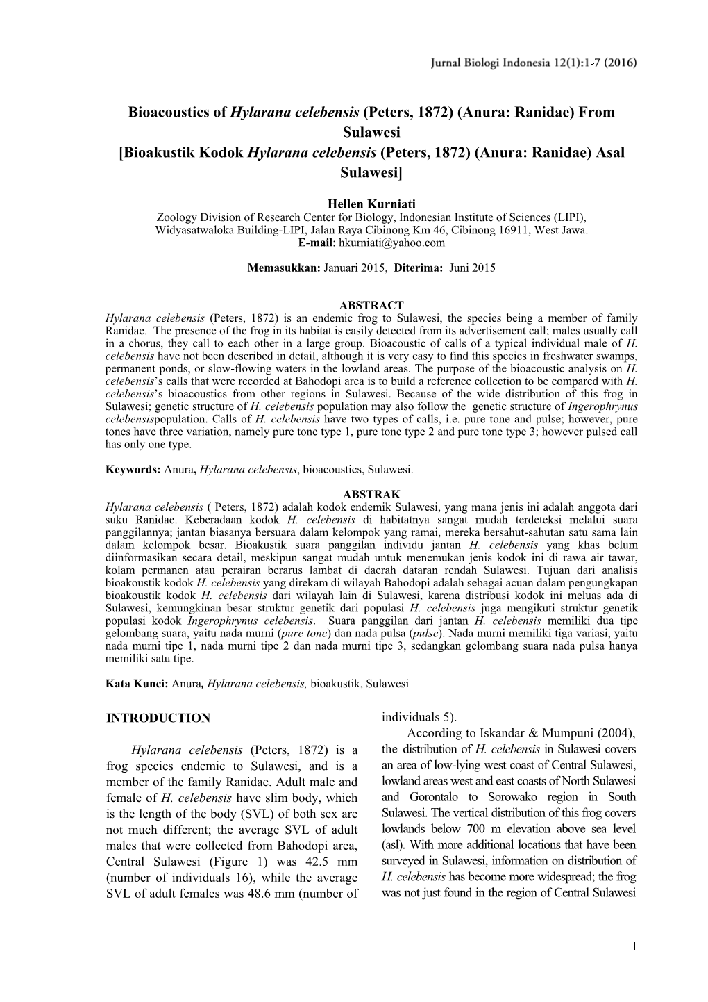 Bioacoustics of Hylarana Celebensis