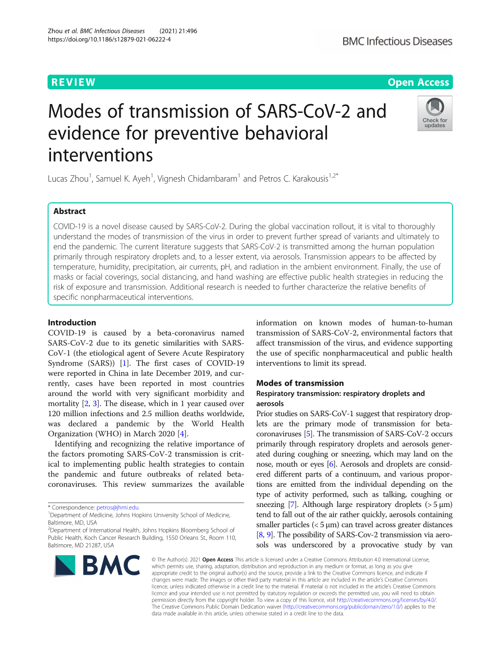 Modes of Transmission of SARS-Cov-2 and Evidence for Preventive Behavioral Interventions Lucas Zhou1, Samuel K