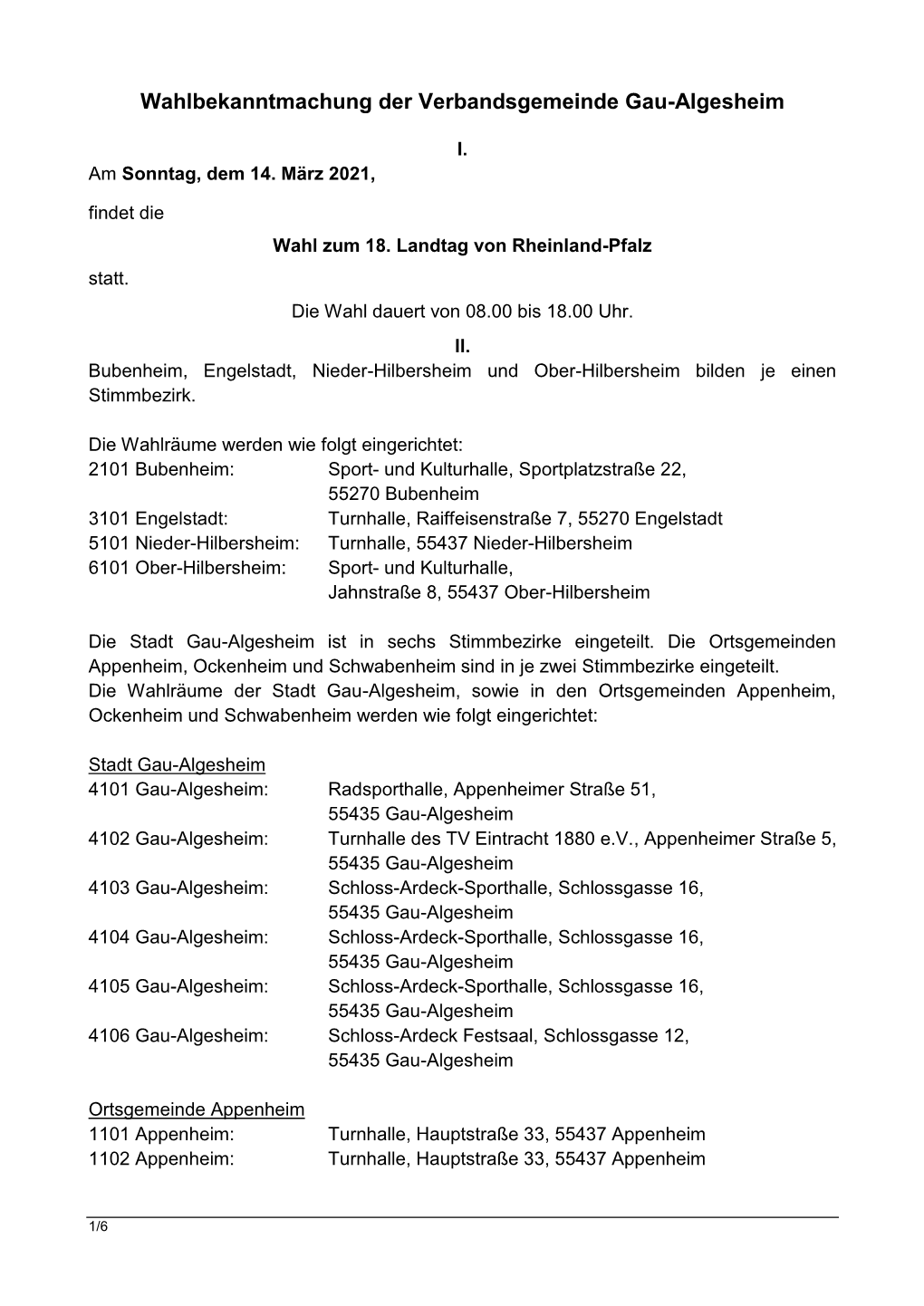 Wahlbekanntmachung Der Verbandsgemeinde Gau-Algesheim