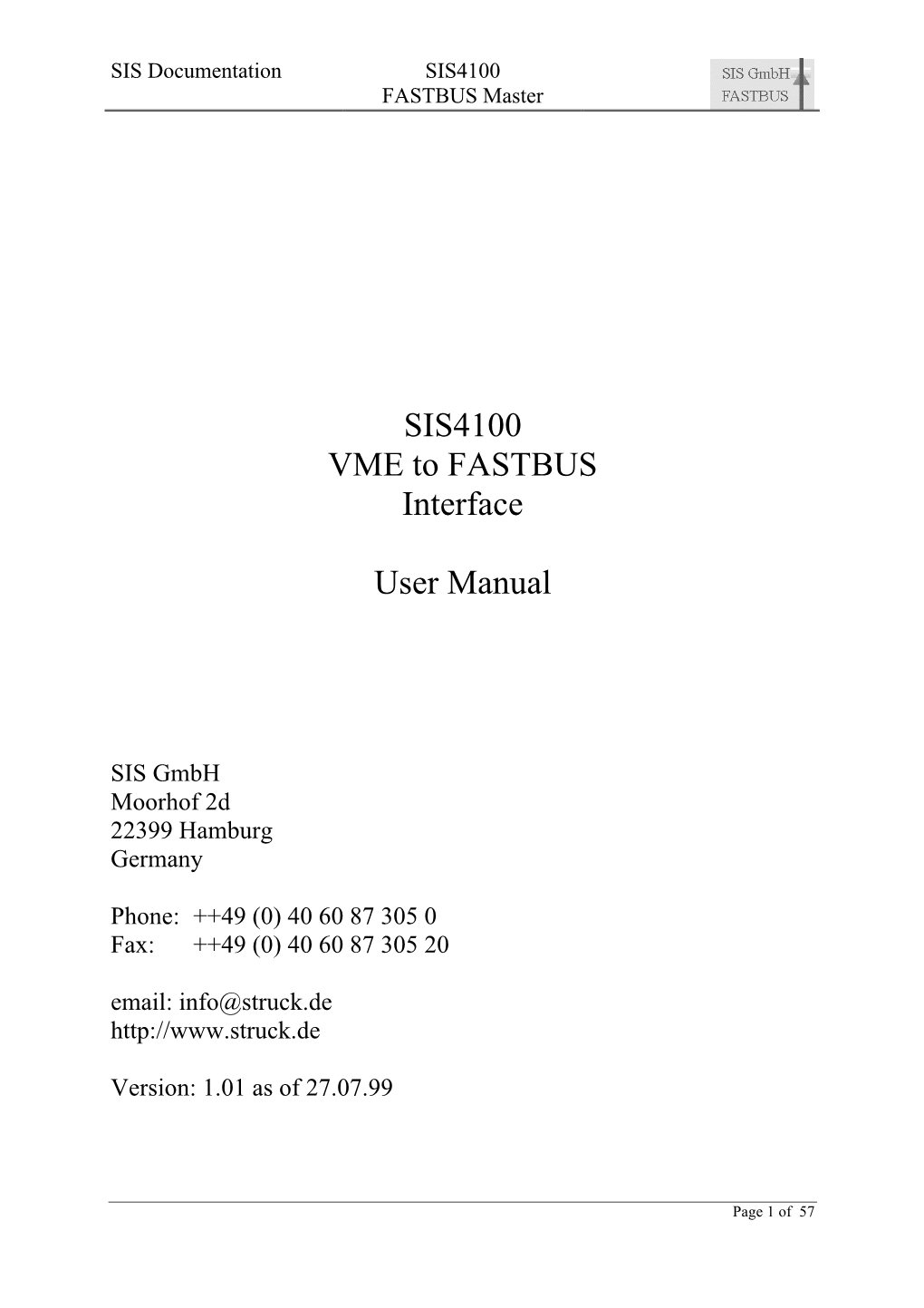 SIS4100 VME to FASTBUS Interface User Manual