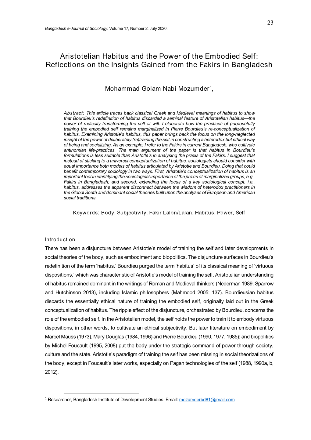 Aristotelian Habitus and the Power of the Embodied Self: Reflections on the Insights Gained from the Fakirs in Bangladesh