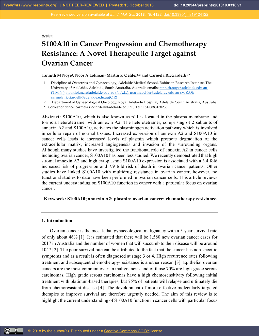 S100A10 in Cancer Progression and Chemotherapy Resistance: a Novel Therapeutic Target Against Ovarian Cancer