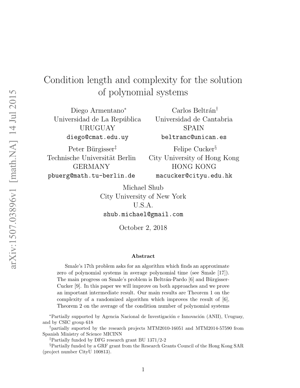 Condition Length and Complexity for the Solution of Polynomial Systems