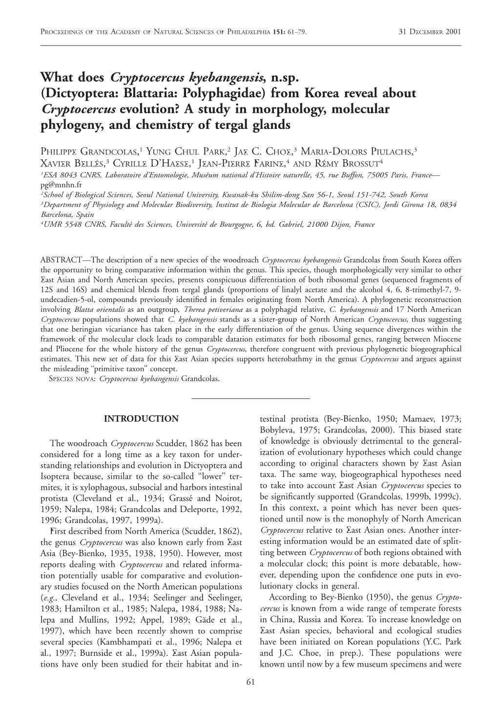 Dictyoptera: Blattaria: Polyphagidae) from Korea Reveal About Cryptocercus Evolution? a Study in Morphology, Molecular Phylogeny, and Chemistry of Tergal Glands