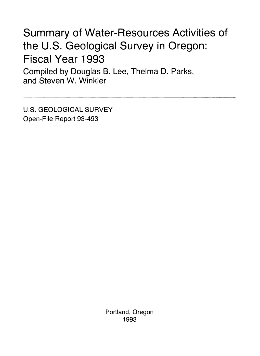 Summary of Water-Resources Activities of the U.S. Geological Survey in Oregon: Fiscal Year 1993 Compiled by Douglas B