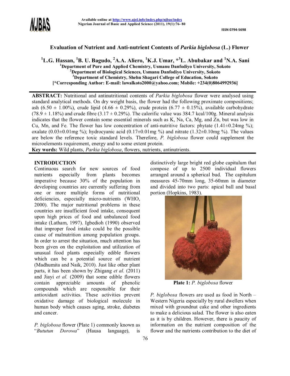 Evaluation of Nutrient and Anti-Nutrient Contents of Parkia Biglobosa (L.) Flower