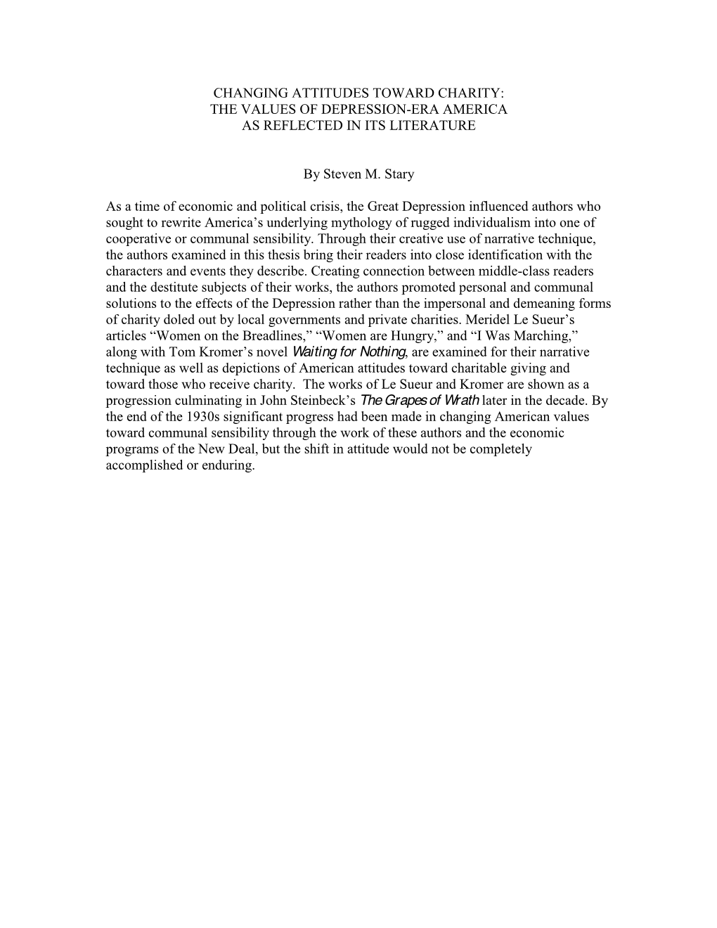 Changing Attitudes Toward Charity: the Values of Depression-Era America As Reflected in Its Literature