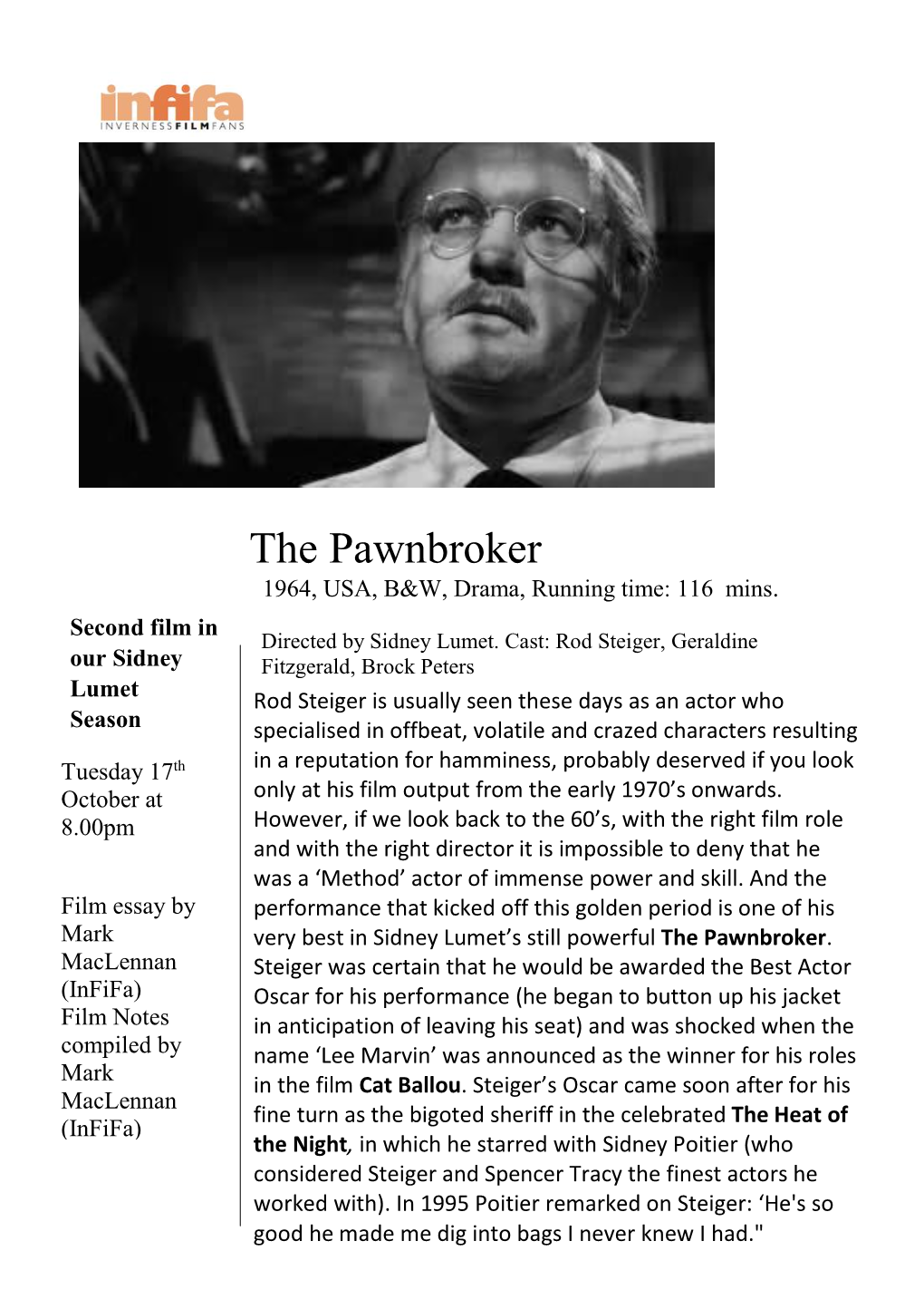 The Pawnbroker 1964, USA, B&W, Drama, Running Time: 116 Mins