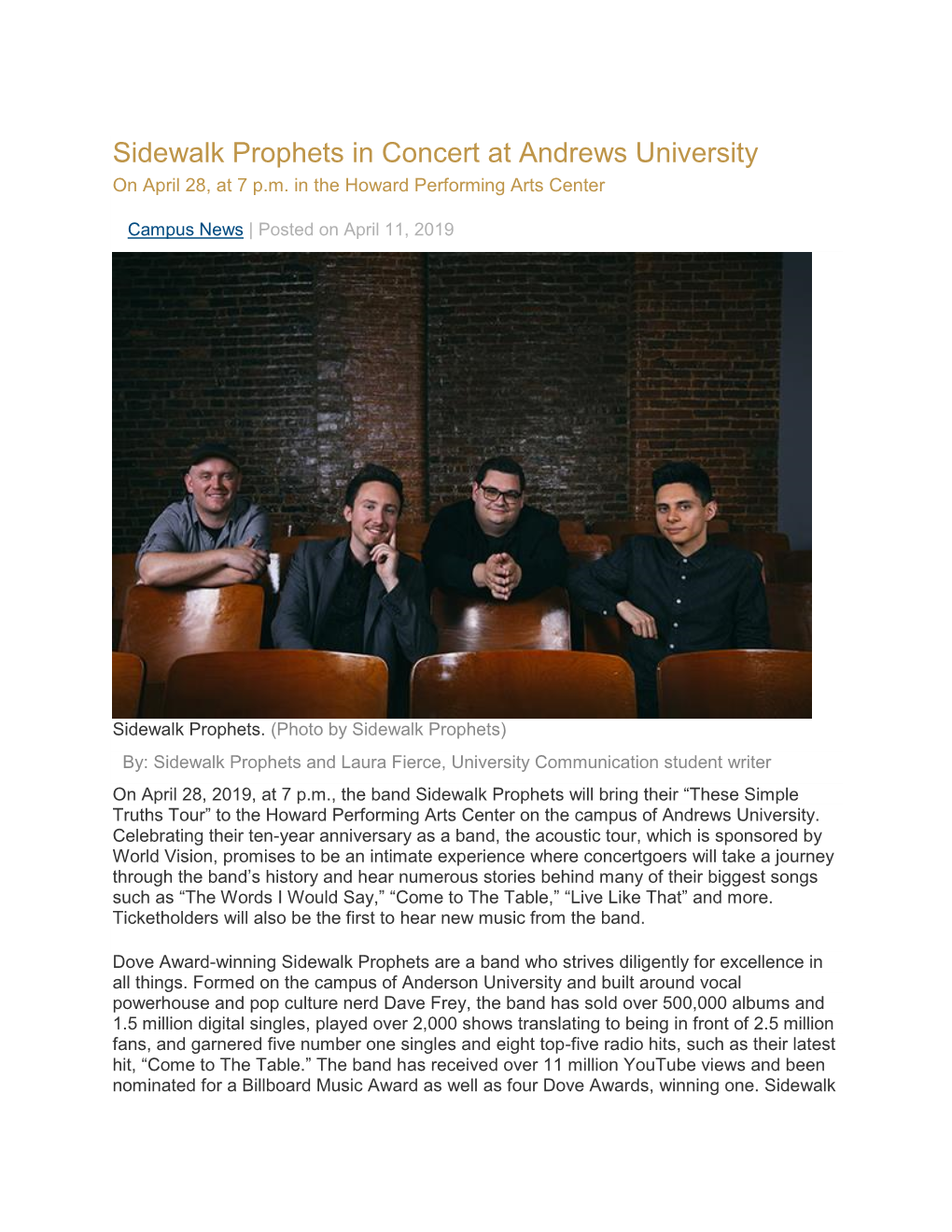 Sidewalk Prophets in Concert at Andrews University on April 28, at 7 P.M