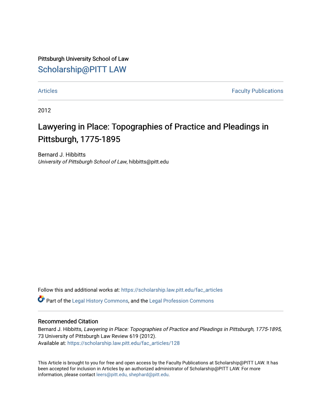 Lawyering in Place: Topographies of Practice and Pleadings in Pittsburgh, 1775-1895