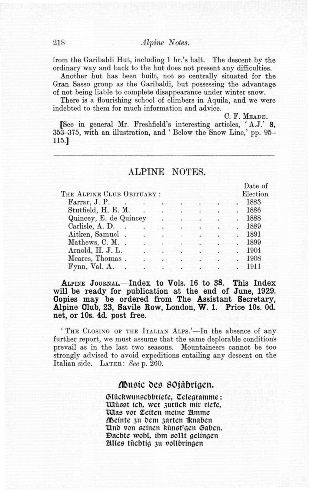 ALPINE NOTES. Date of the ALPINE CLUB OBITUARY: Election Farrar, J