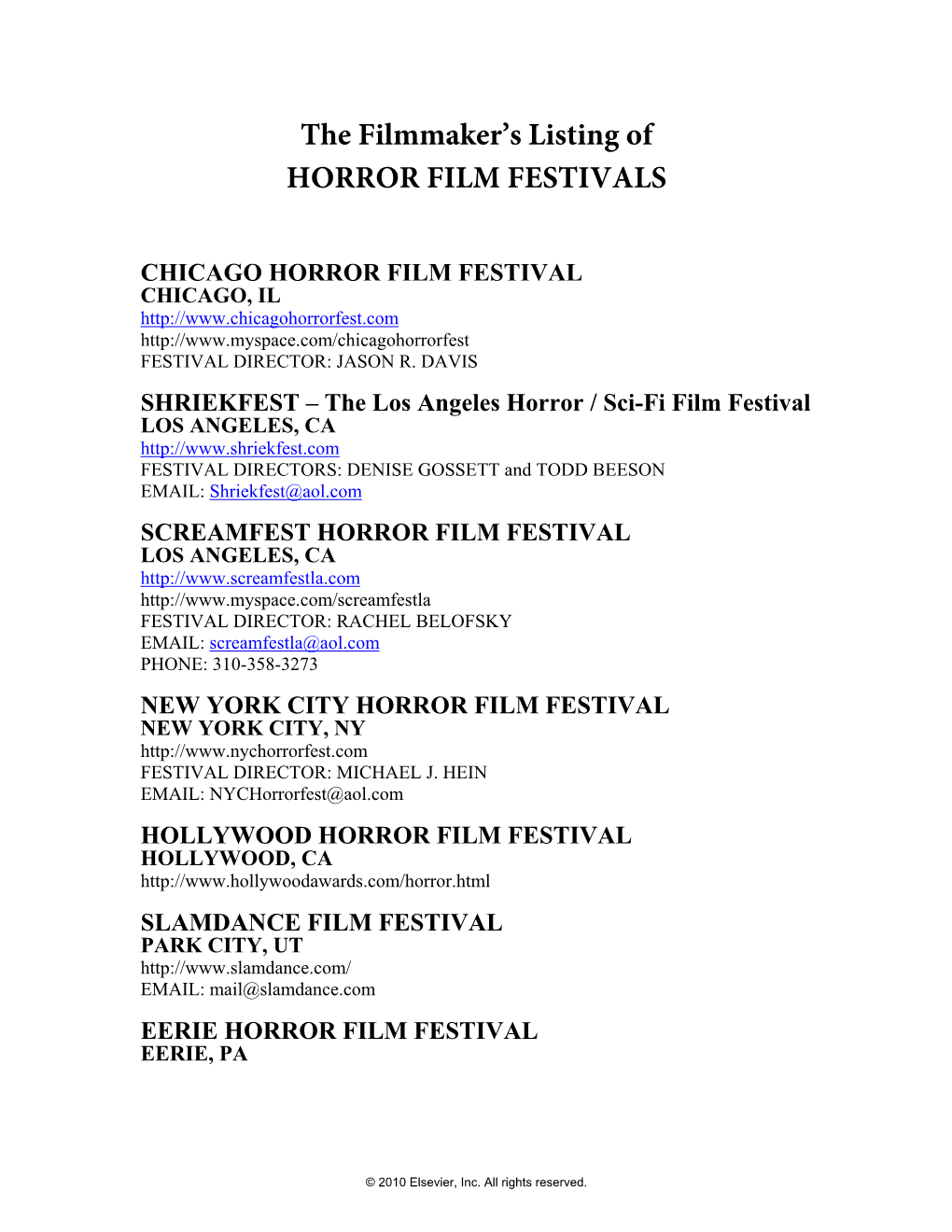 Listing of HORROR FILM FESTIVALS