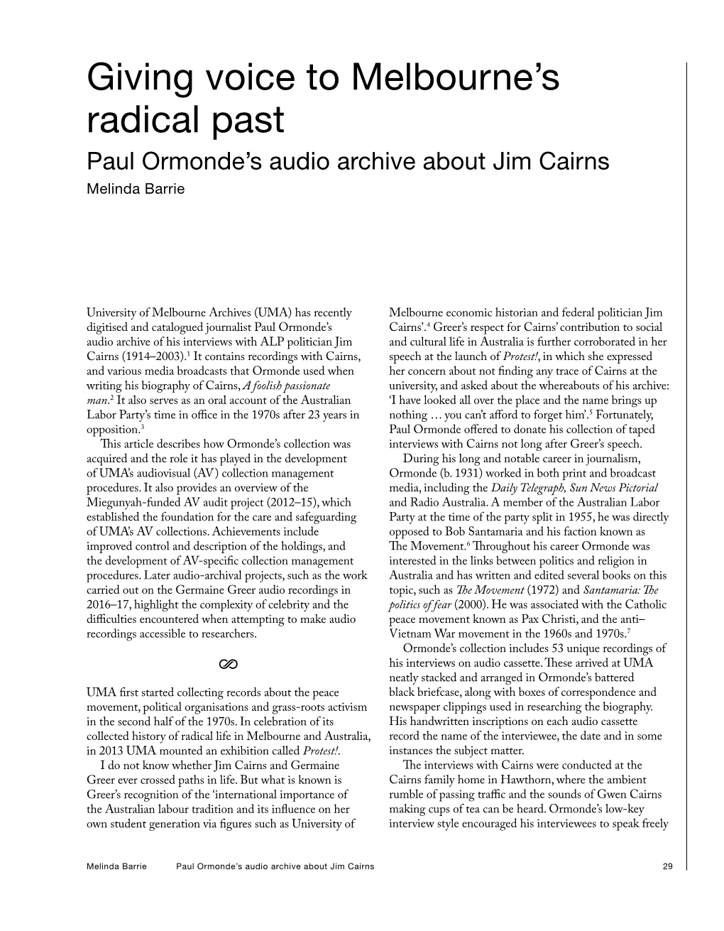 Paul Ormonde's Audio Archive About Jim Cairns Melinda Barrie
