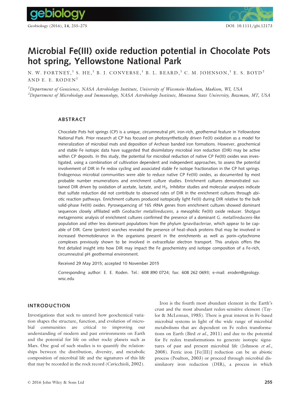 Microbial Fe(III) Oxide Reduction Potential in Chocolate Pots Hot Spring, Yellowstone National Park N