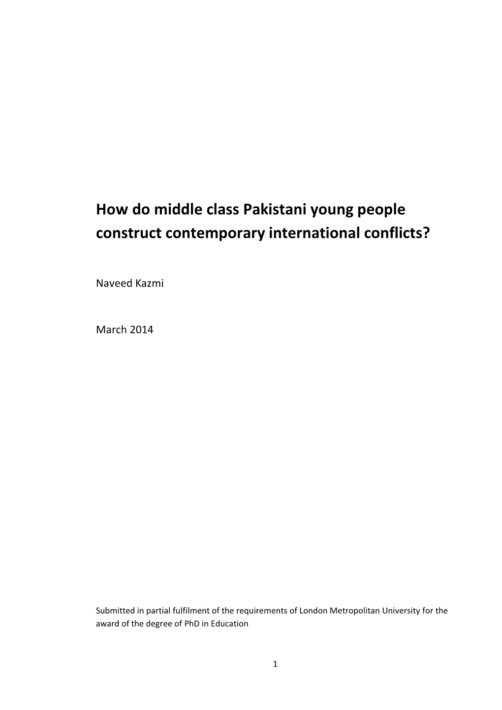 How Do Middle Class Pakistani Young People Construct Contemporary International Conflicts?