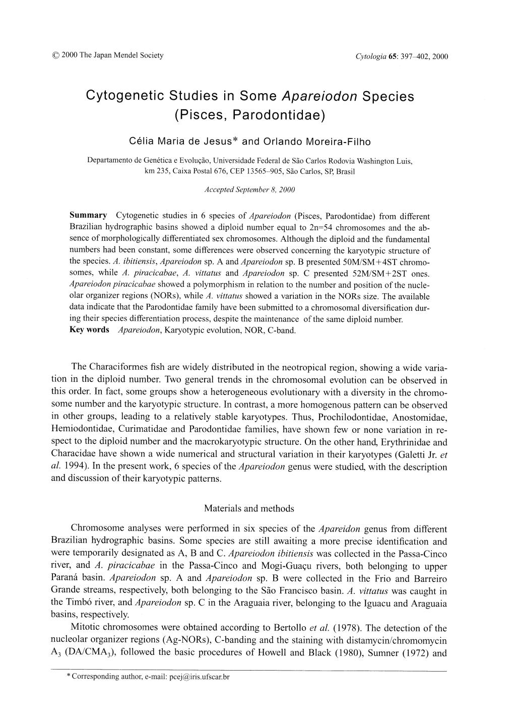 Cytogenetic Studies in Some Apareiodon Species (Pisces, Parodontidae)