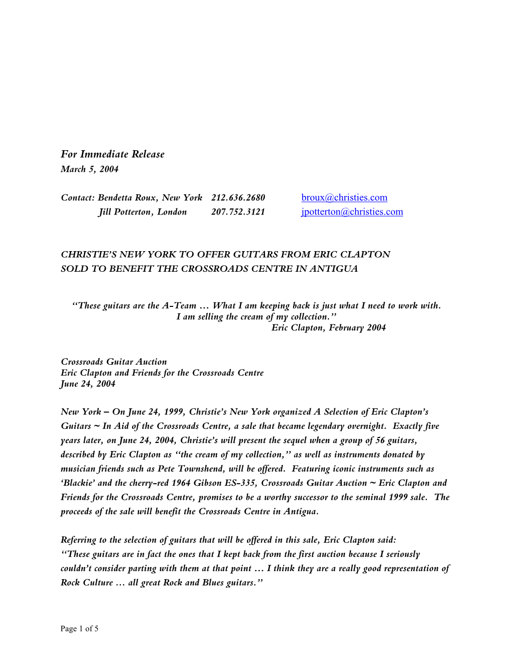 For Immediate Release March 5, 2004