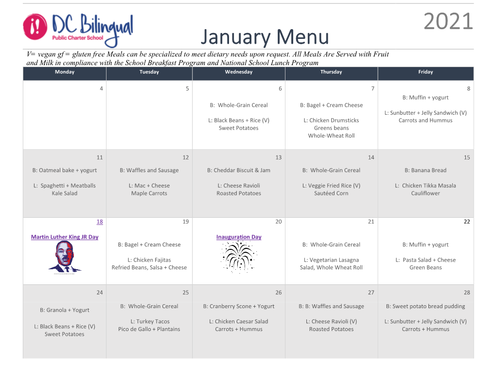 January Menu V= Vegan Gf = Gluten Free Meals Can Be Specialized to Meet Dietary Needs Upon Request