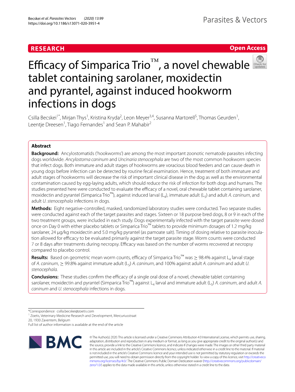 Efficacy of Simparica Trio™, a Novel Chewable Tablet Containing