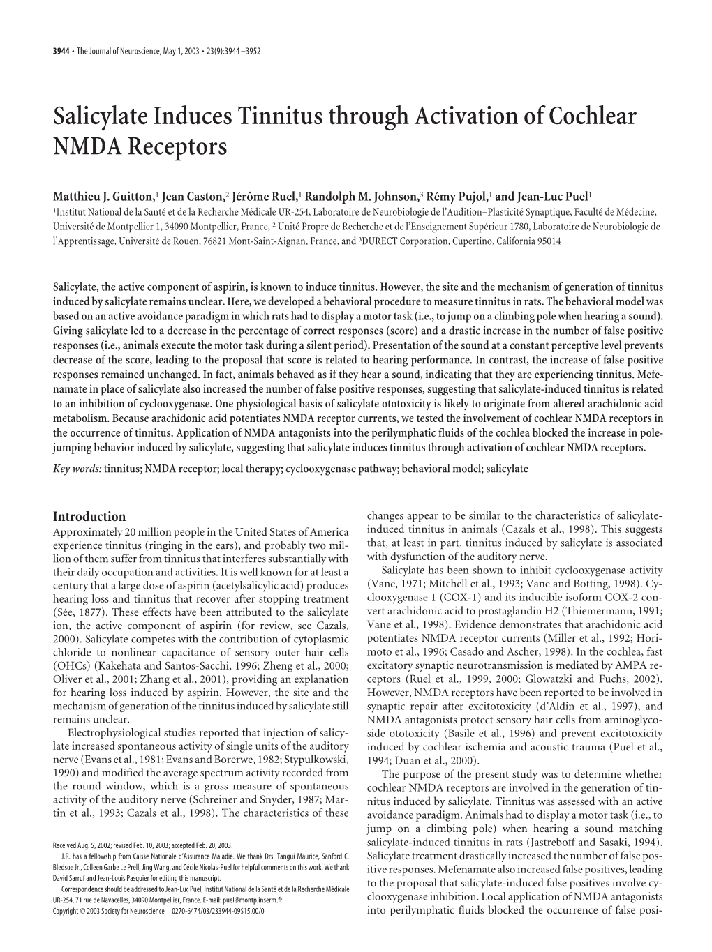 Salicylate Induces Tinnitus Through Activation of Cochlear NMDA Receptors