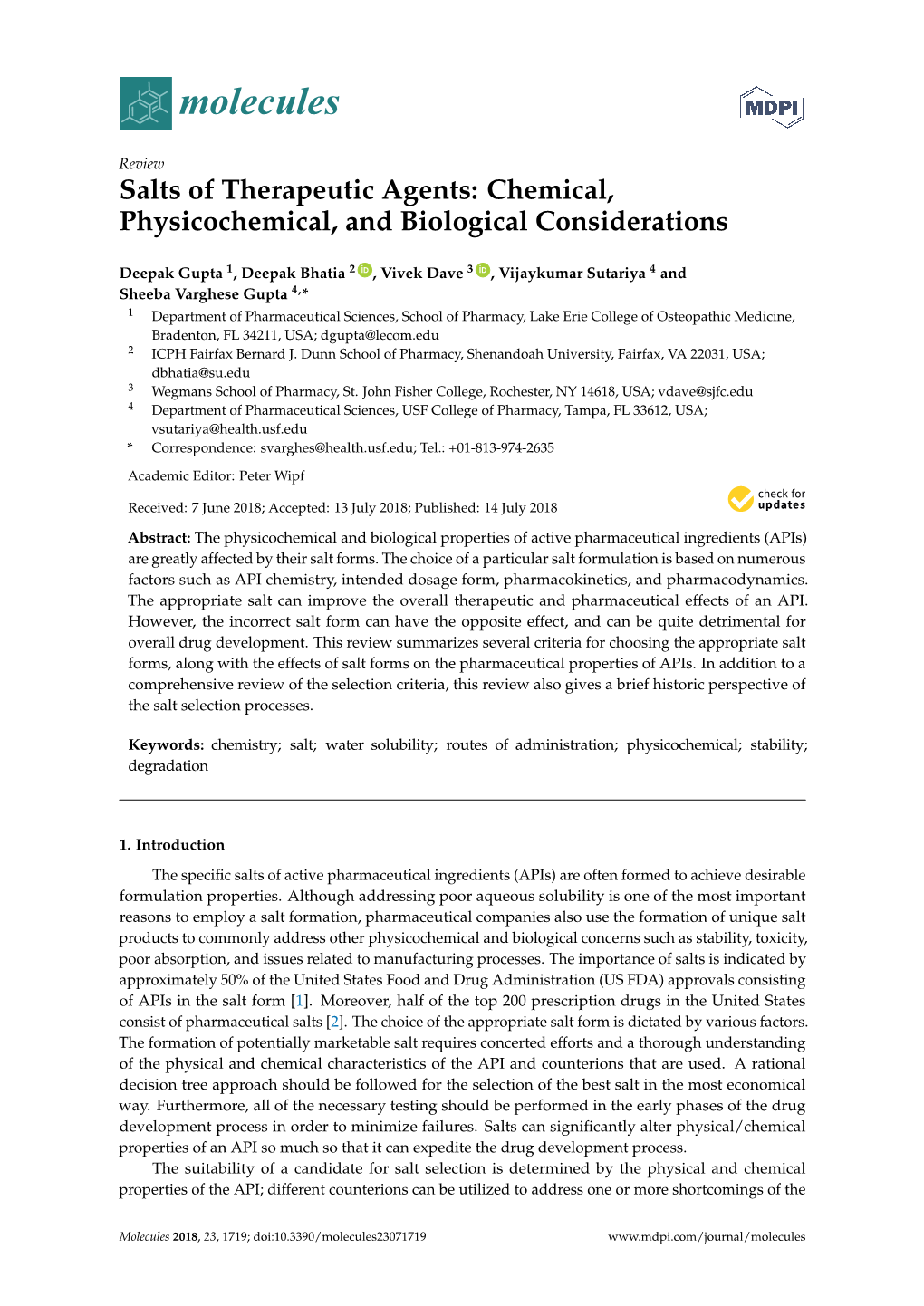 Salts of Therapeutic Agents: Chemical, Physicochemical, and Biological Considerations