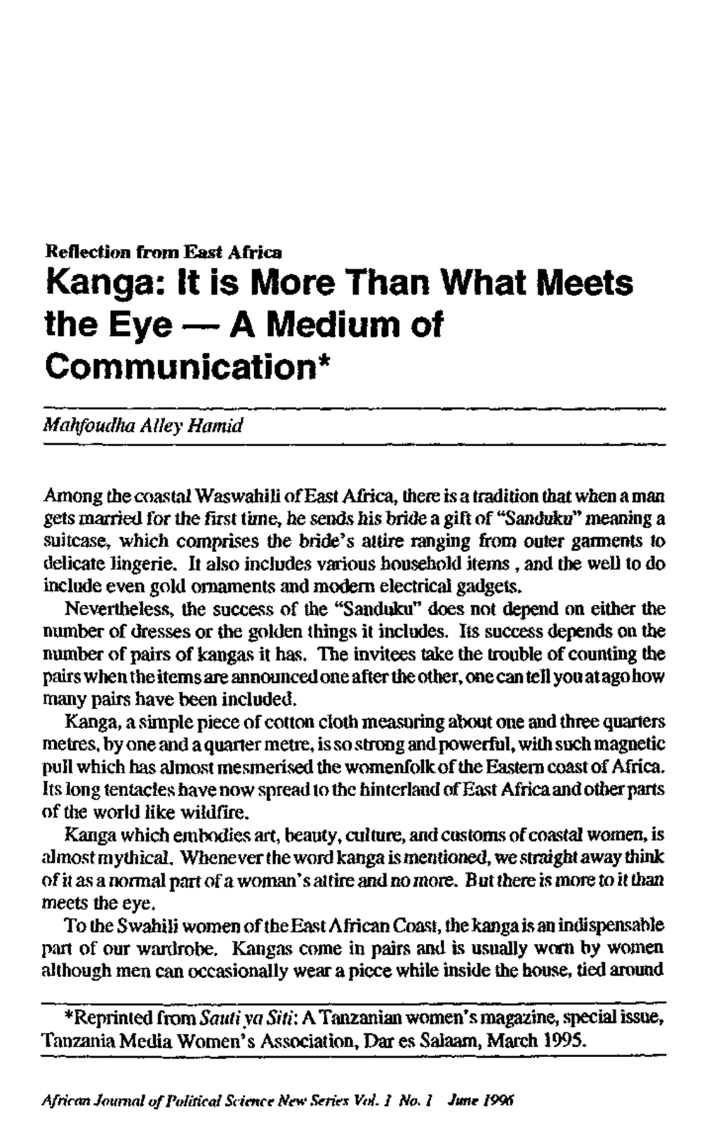 Kanga: It Is More Than What Meets the Eye — a Medium of Communication*