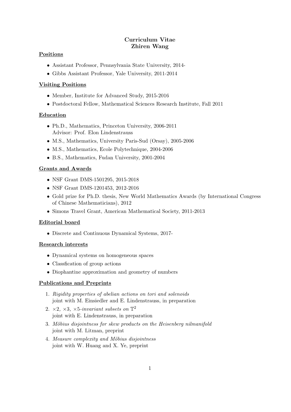 Curriculum Vitae Zhiren Wang Positions